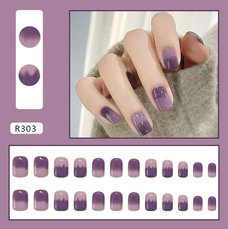 24Pcs/Set Short False Press on Nail Tip Purple Designs Detachable Reusable Fake Nails Stick-on Nail Art DIY Tips