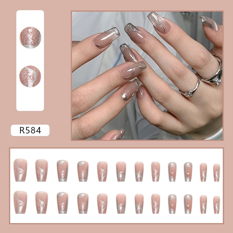 24Pcs/Set Short False Press on Nail Tip with Glue Designs Detachable Reusable Fake Nails with Glue Stick-on Nail Art DIY Tips