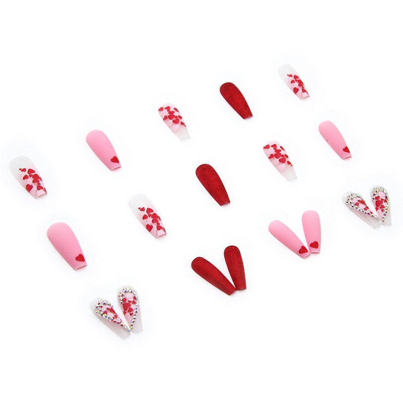 Rhinestones Splicing Heart Long Fake Nails Art Tips Press on Nail False For Extensionfake Nails With Glue Stickers Reusable Set