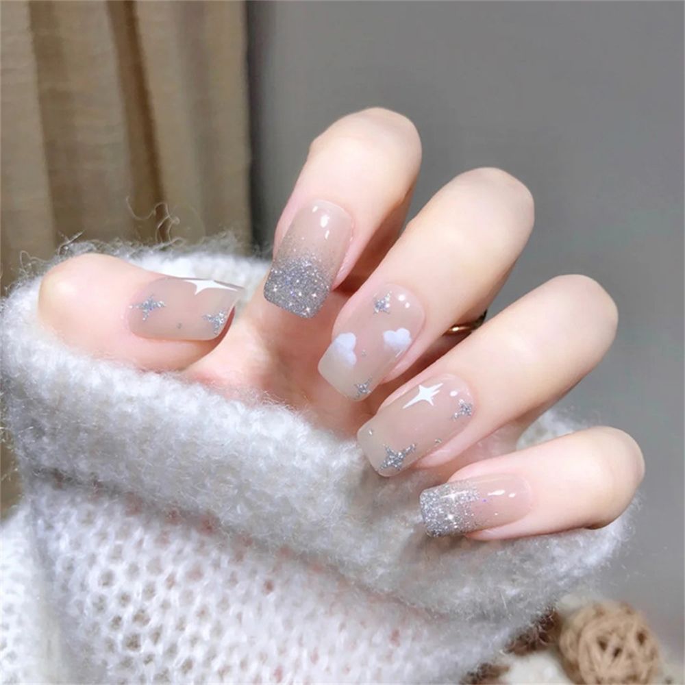 24Pcs Short False Nails Coffin nude pink design Artificial Ballerina Fake Nails With Glue Full Cover Nail Tips Press On Nails