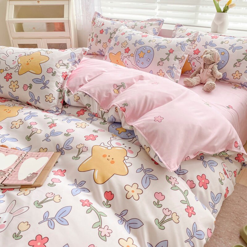 Korean Style Bedding Set Twin Queen Size Cute Cream Cherry Duvet Cover Flat Sheet Pillowcase Polyester Princess Girl Bed Linen