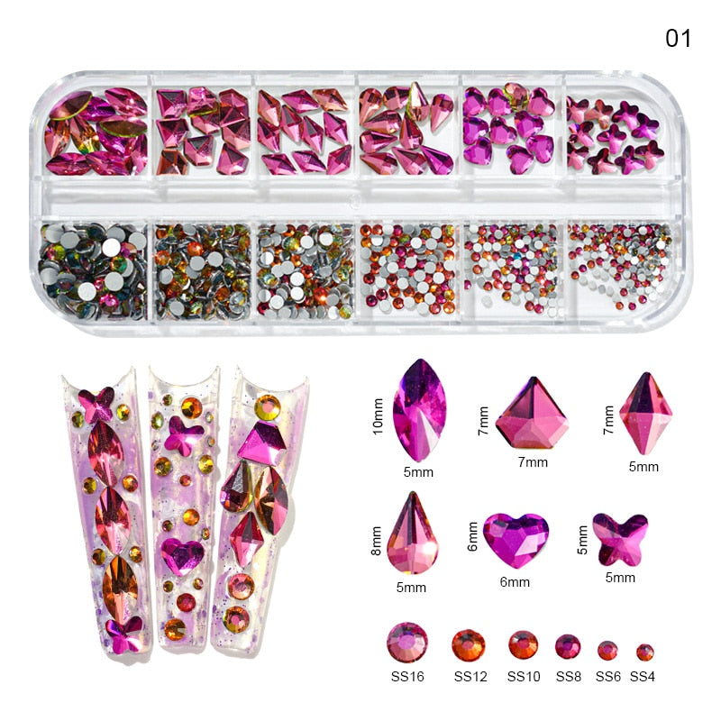 12 Girds Colorful Nail Rhinestones Mixed Size Diamonds AB Flatback Shiny Crystal 3D Glitter Gems Nail Art Decorations Strass