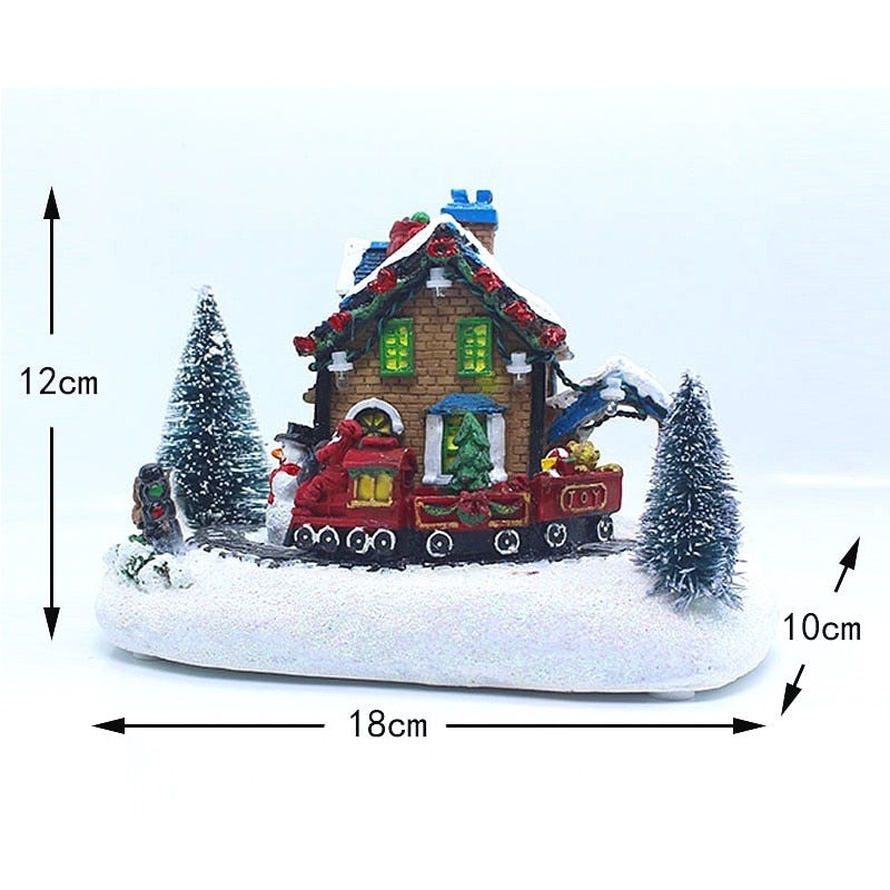 Christmas Village Santa Claus Ornaments with LED Light Xmas Tree Small Train Snow Scene House Statue Decoration Home Crafts Gift