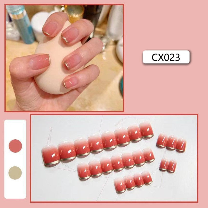 24pcs/box Fake Nails Press on Short Reusable with Designs Set French Artificial Pink kawaii False Tipsy Stick-on Nails Tips Art