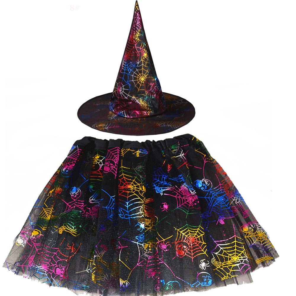 Halloween Costume for Kids Girls Spider Web Tutu Cobweb Skirt Witch Wizard Hat Tulle Carnival Birthday Party Outfits Festival