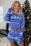 Women's Christmas Sleeping Clothes Round Collar Snowflake Print Tops + Elastic Loose Shorts Pajama Sets Home Wear Clothes