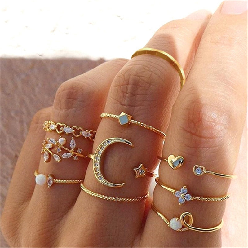 KOTiK Trendy Bohemian Midi Knuckle Ring Set For Women Gold Color Crystal Heart Flower Moon Geometric Finger Rings Jewelry Gifts