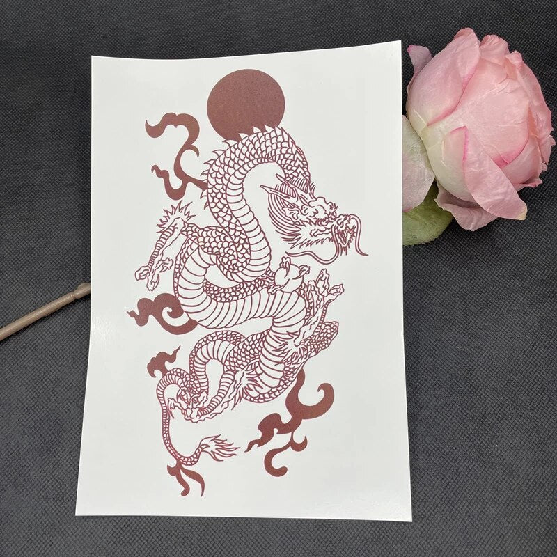 Waterproof Temporary Tattoo Sticker Japanese Style Black White Flame Dragon Body Art Fake Tattoo Flash Tattoo Arm Female Male