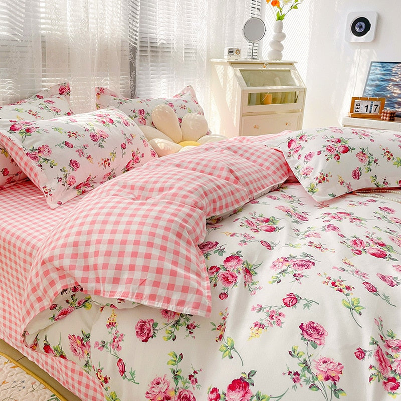 New Cartoon Foral Print Polyester Bedding Set Full Size Soft Thicken Duvet Cover Set with Flat Sheet Quilt Cover and Pillowcase