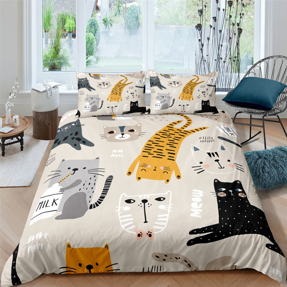 Home Textile Cartoons Cute Cat Quilt Cover Polyester Duvet Cover Pillow Case Boy Girl 2/3Pcs Bedding Set King Queen Twin Size