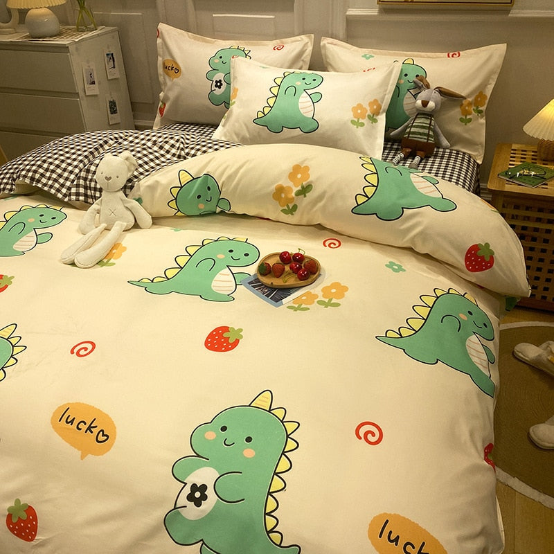 Cute Dinosaur Print Queen Size Bedding Set King Size Daisy Printed  Duvet Cover Set with Flat Sheets Cozy Durable Bedding Sets