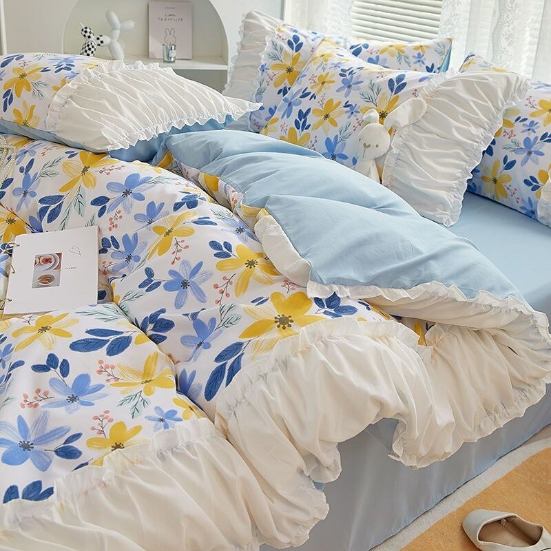 INS Princess Style Flower Bedding Set Duvet Cover With Ruffle Lace Bed Sheet Pillowcases Kawaii Girl Woman Bedroom Home Textiles