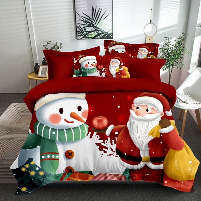 Christmas Day Queen Duvet Cover Set Father Christmas Snowman Pattern King Size Bedding Set New Year Decor Bed Sets Decorative