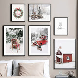 Christmas Red Car Home Elk Squirrel Wall Art Canvas Painting Holiday Living Room Decoration Posters And Prints Wall Pictures