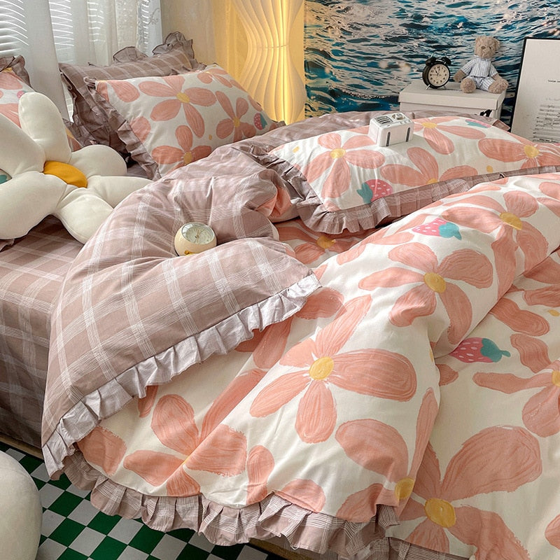 Kawaii Princess Pure Cotton Bedding Set Full Size Lovely Ruffles Single Doubel Duvet Cover Set Girls Woman Cozy Bedding Sets