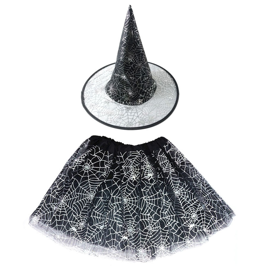 Halloween Costume for Kids Girls Spider Web Tutu Cobweb Skirt Witch Wizard Hat Tulle Carnival Birthday Party Outfits Festival