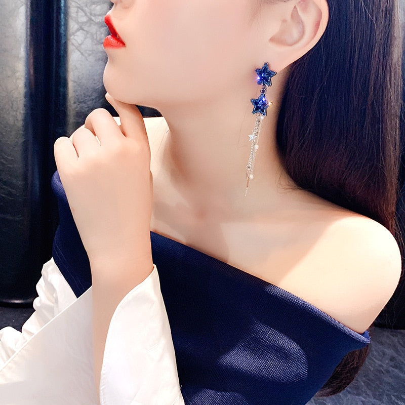 Exquisite Temperament Star Crystal Tassel Drop Earrings for Women Shiny Zircon Star Moon Imitation Pearl Earring Wedding Jewelry