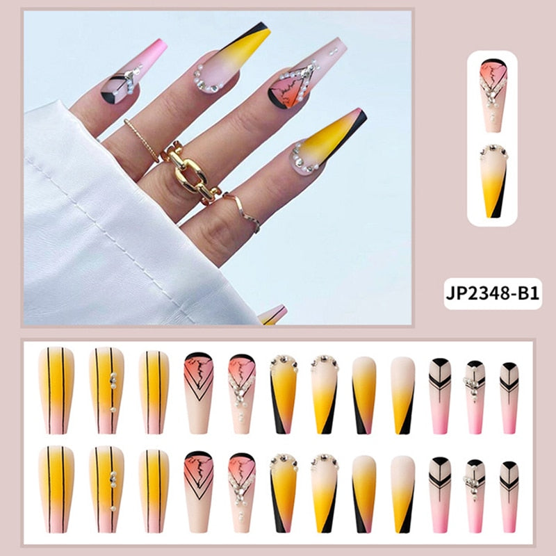 24pcs False Nails Nude Gradient Nail Patch Rhinestone Inlaid Press On Nails Removable Long Paragraph Fashion Manicure nail tips