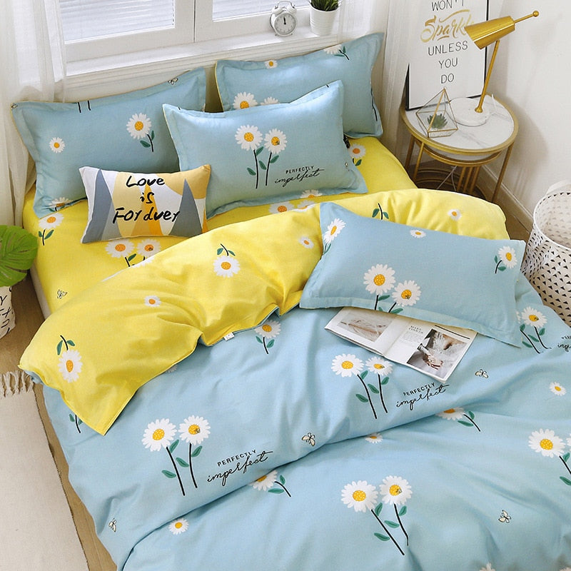 Cute Dinosaur Print Queen Size Bedding Set King Size Daisy Printed  Duvet Cover Set with Flat Sheets Cozy Durable Bedding Sets