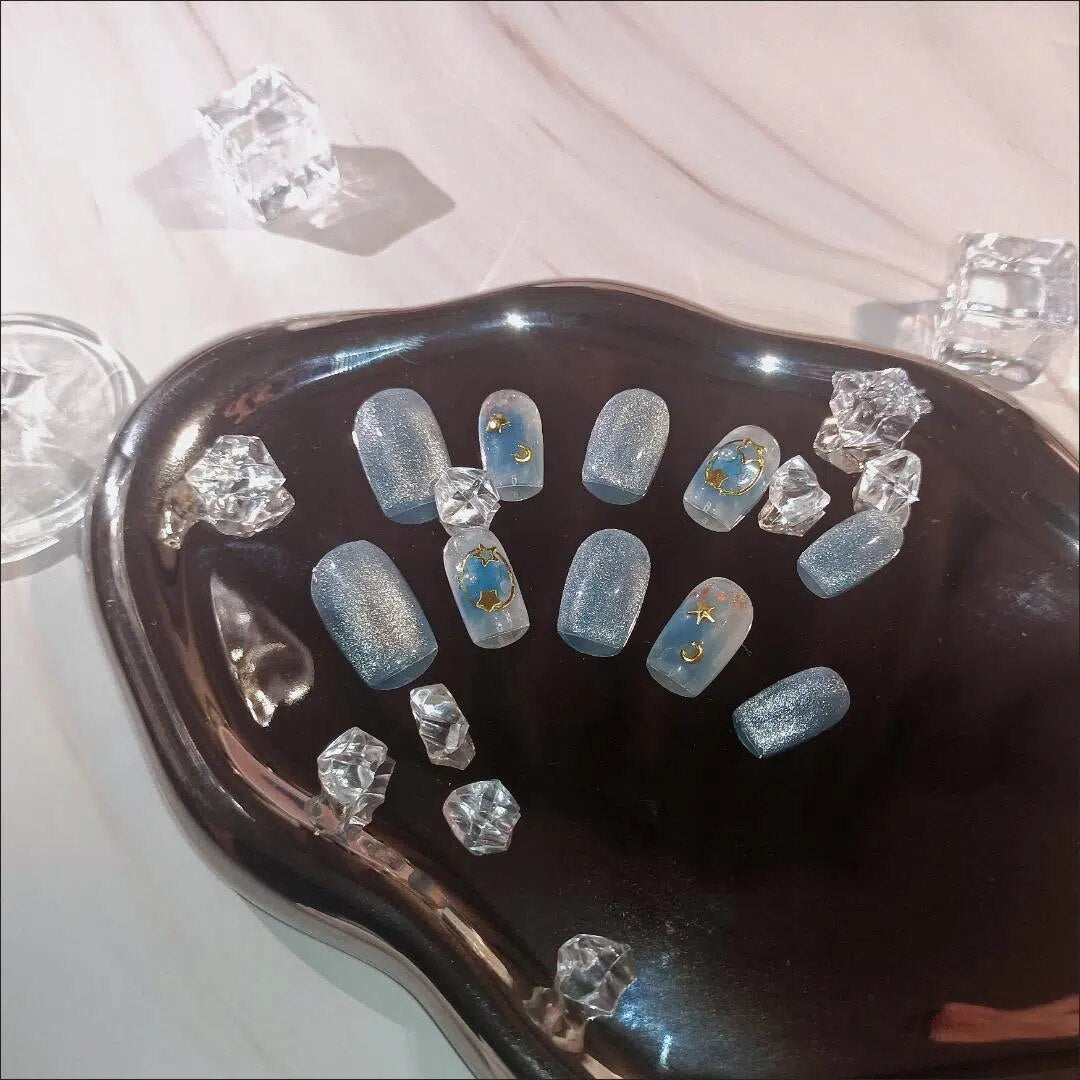 （Handmade Manicures）10 PCS Hand-Worn Armor New Sea Blue Cat Eye Square Nail White Student Ins Explosive Model