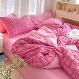 Korean Princess Pink Seersucker Bedding Kawaii Bed Skirt Duvet Cover Solid Color Queen Size Double Sheets Sets For Girls