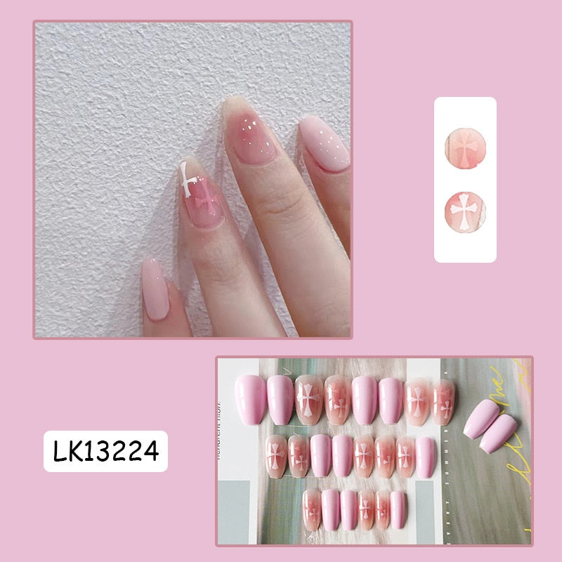 24Pcs/Box Sweet Short Round/Square Head False Nail Art Full Cover Detachable Artificial Fake Nails Ballerina Press on Nails Tips