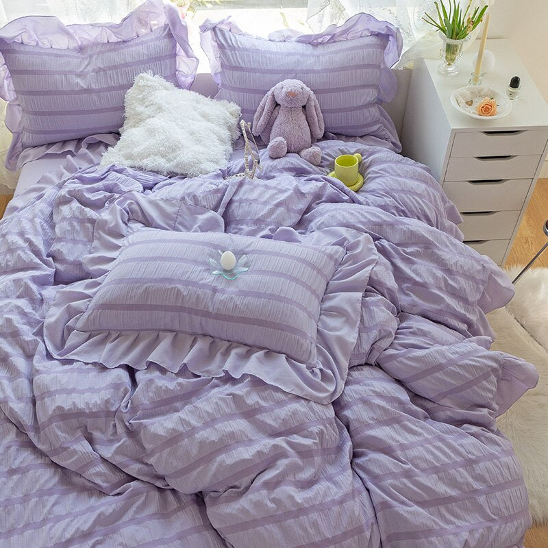 Purple Princess Bedding Set Luxury Solid Color Duvet Cover Pillowcase Linens Twin Queen King Bed Sheet Set Woman Girl Kawaii Set