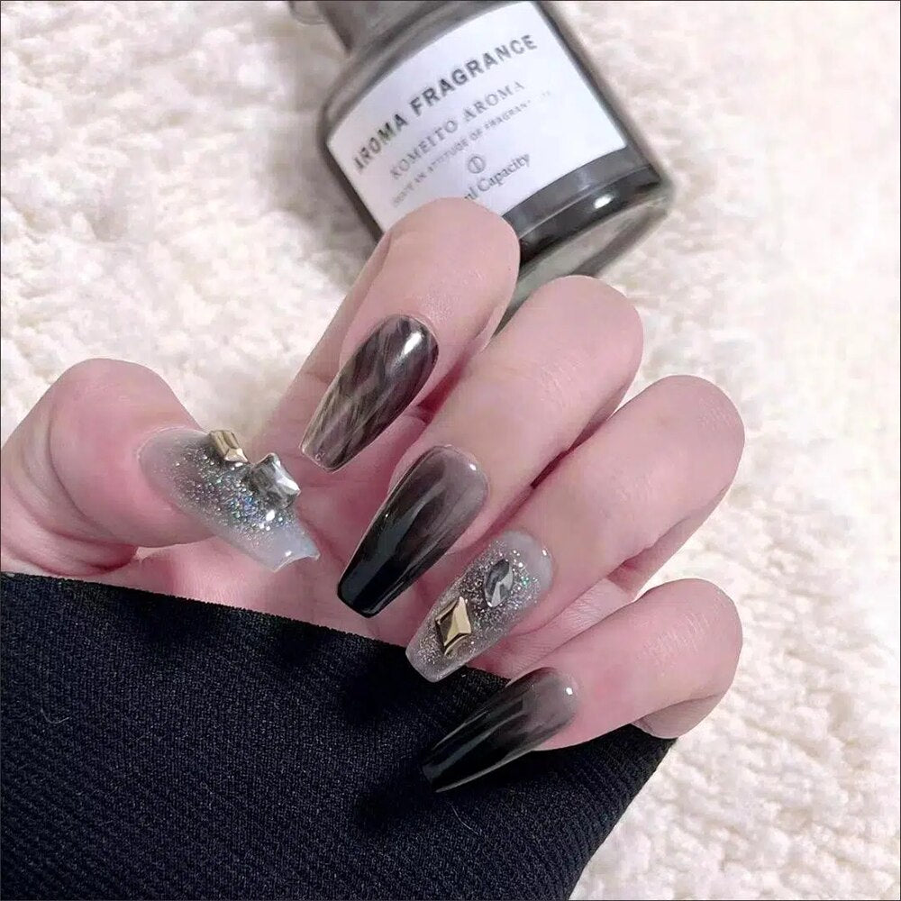 （Handmade Manicures）10Pcs/Box Handmade False Nail Dark Black High-Grade Niche Black Gold Color Matching Removable Patch