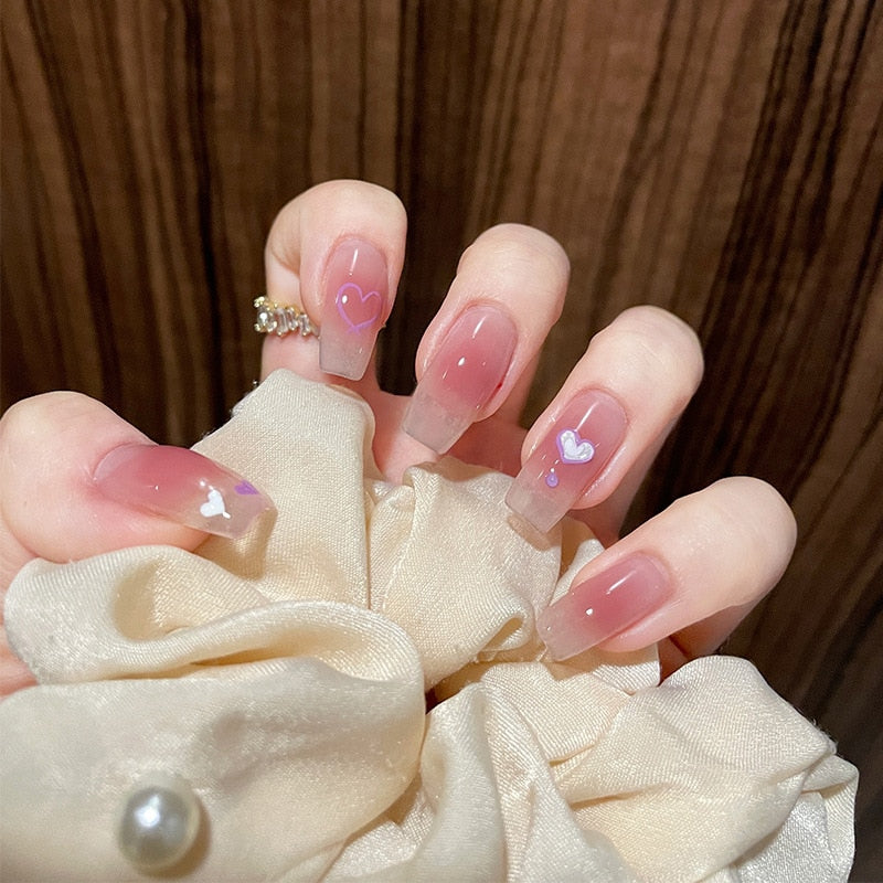 24Pcs peach pink heart False Nails with glue Short Simple Nail Beauty tools Press on Fake Nails Full Cover Artificial Nails Tips