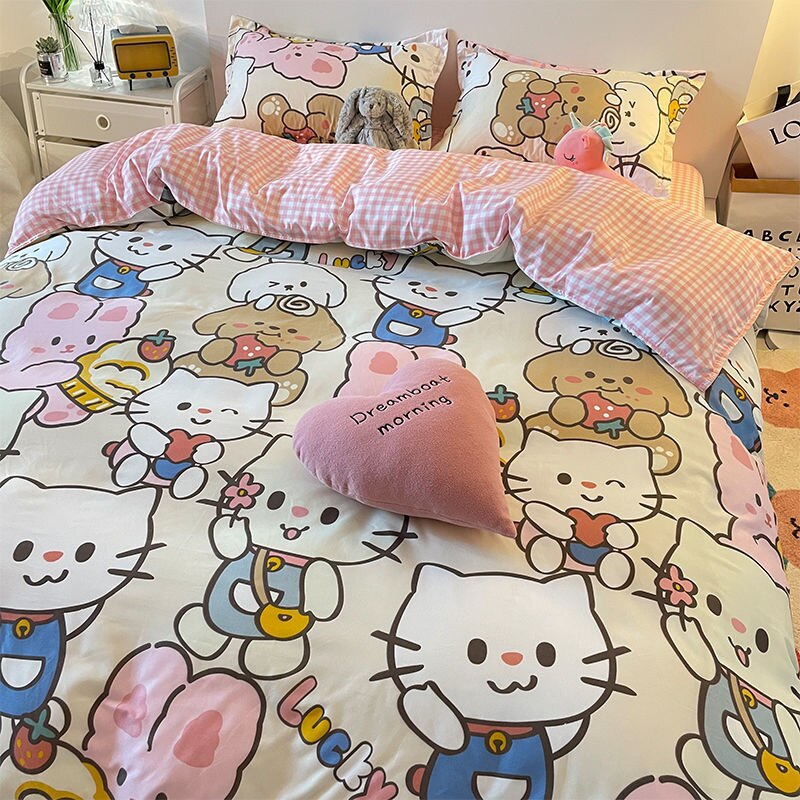 Ins Korean Rainbow Stripe Bedding Set Colorful Quilt Set 4Piece For Pink Girl Heart Simple Bed Sheet Duvet Cover Decor Home