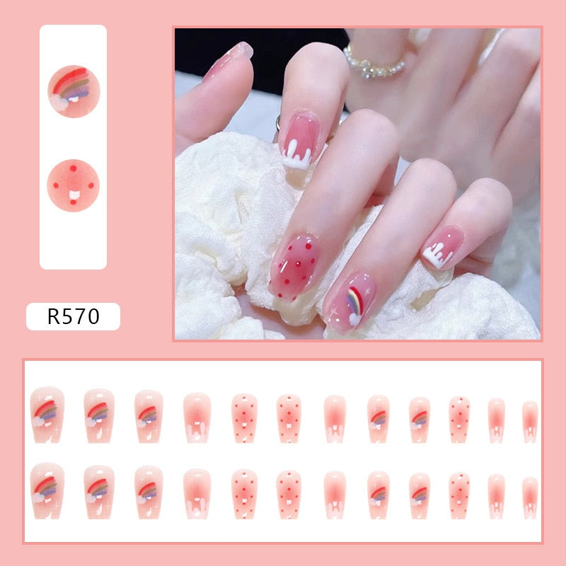 24Pcs/Set Short False Press on Nail Tip with Glue Designs Detachable Reusable Fake Nails with Glue Stick-on Nail Art DIY Tips