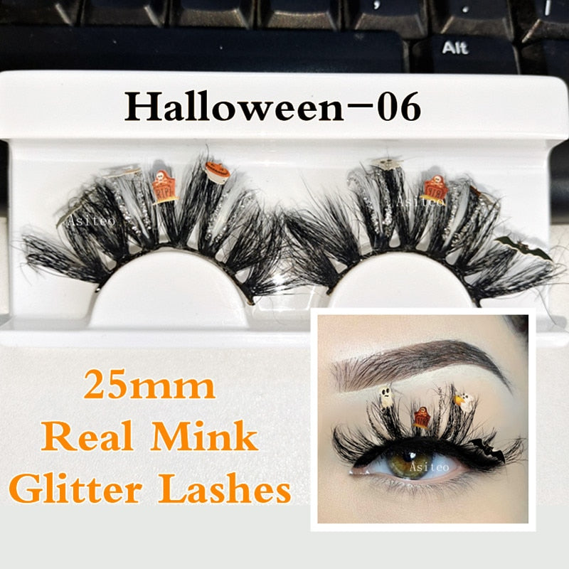 Halloween Fluorescence Glitter Colored Lashes Trick or Treat Bat Witch Pumpkin Soft Exaggerated Mink Eyelashes Party Makeup