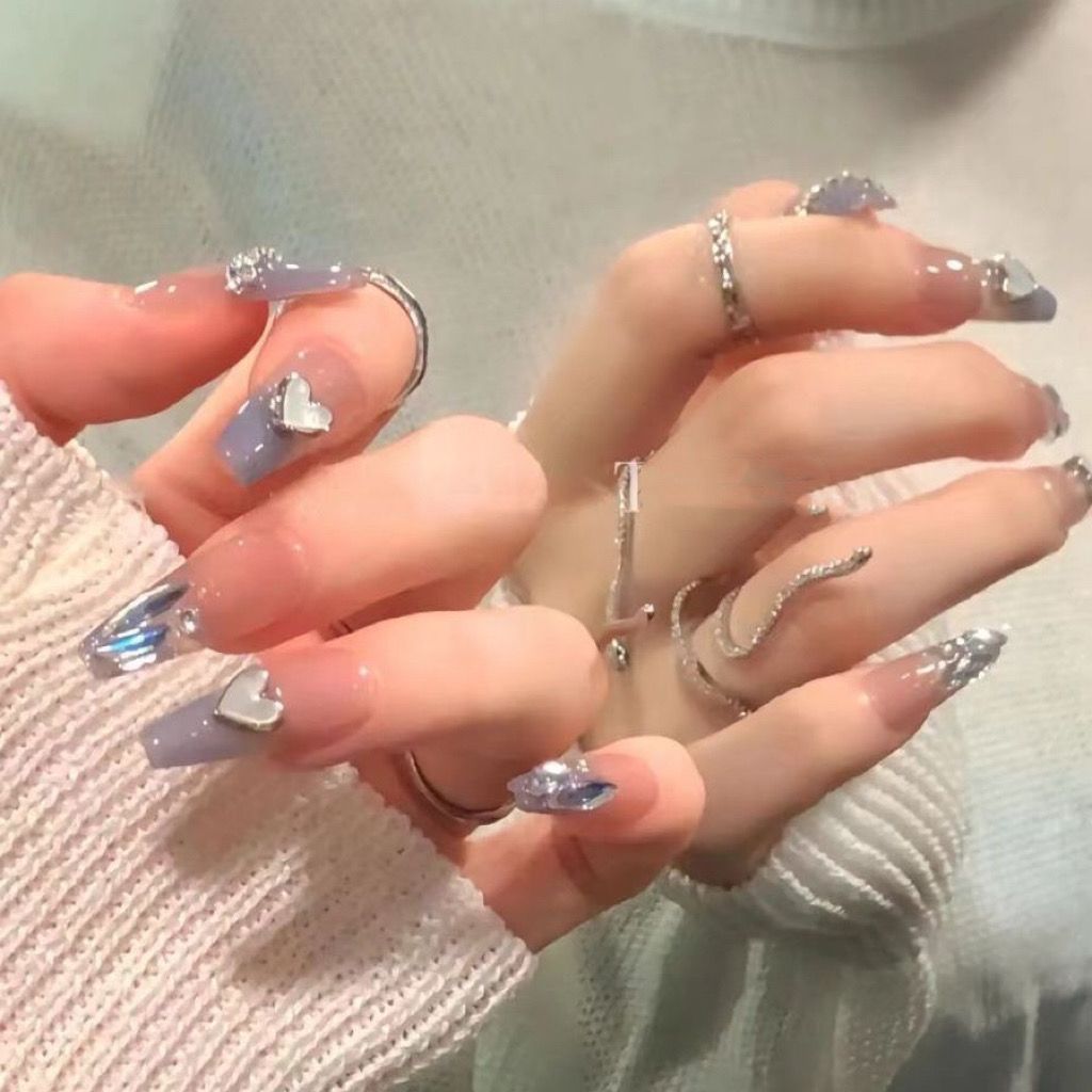 （Handmade Manicures）10 PCS Summer Ice Transparent Blue Love Heart Shell Fake Nail Sticker Finished Detachable Long T Section