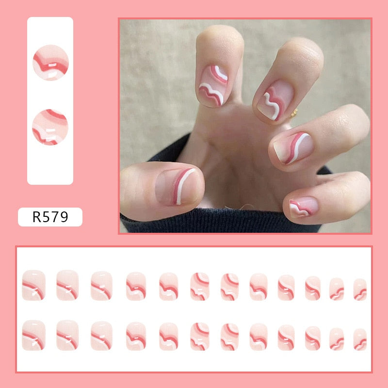 24Pcs/Set Short False Press on Nail Tip with Glue Designs Detachable Reusable Fake Nails with Glue Stick-on Nail Art DIY Tips