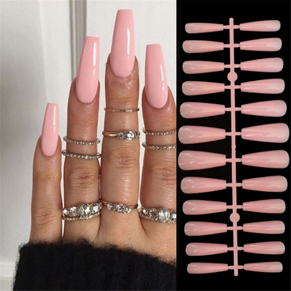 24Pcs Middle Length Ballerina Glitter Pink Color False Nails Design With Heart Pattern DIY Artificial Fake Nails With Press Glue