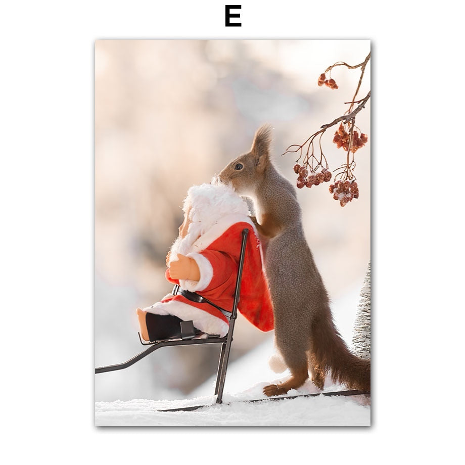Wall Art Canvas Painting Christmas Tree Red House Squirrel Deer Living Room Decoration Posters And Prints Home Wall Pictures