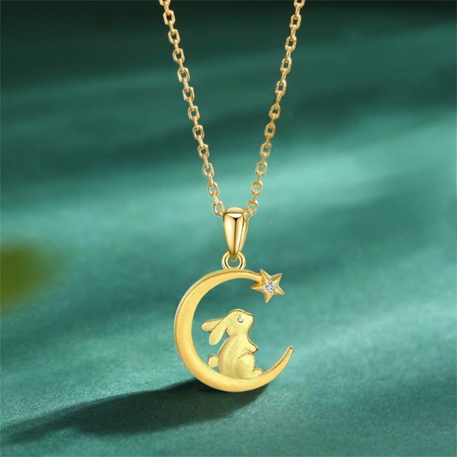 Light Luxury Opal Rabbit Pendant Necklace For Women Chinese Style Rabbit Sitting On Moon Star Animal Choker Trendy Party Jewelry