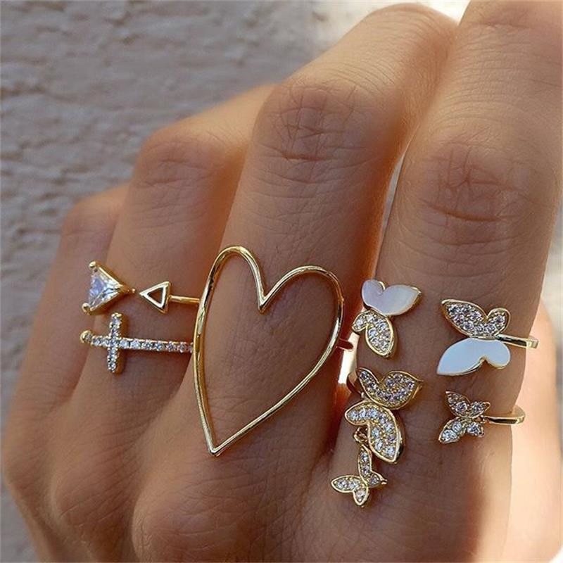 KOTiK Trendy Bohemian Midi Knuckle Ring Set For Women Gold Color Crystal Heart Flower Moon Geometric Finger Rings Jewelry Gifts