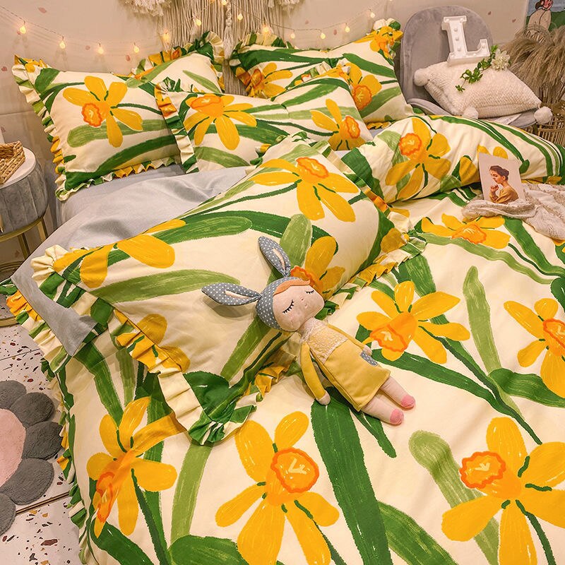 NEW Cotton 4PCS Luxury Bedding Set Ruffles Art Oil Painting Yellow Floral  Pattern Bed Sheet Quilt Cover Pillow Queen/single