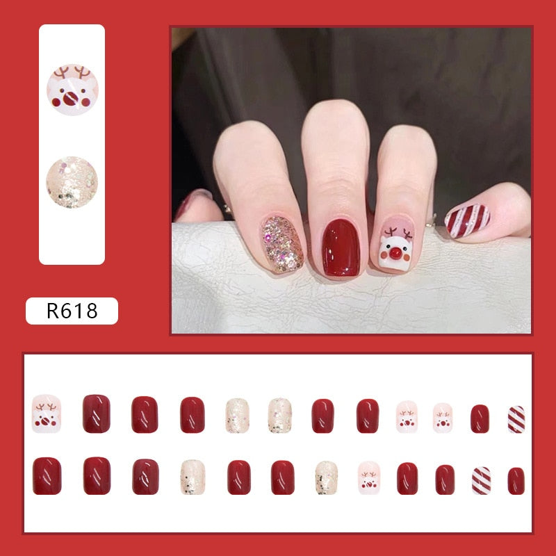 24pcs/Box Detachable Coffin False Nails Wearable French Ballerina   Christmas Fake Nails Full Cover Nail Tips Press On Nails