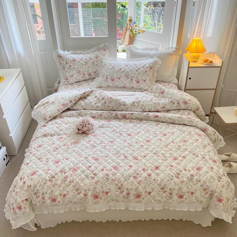 100%Cotton Premium Quality Soft Duvet Cover Bedspread Coverlet Pillow shams Diamond Quilted Floral Ruffled Comforter Cover set