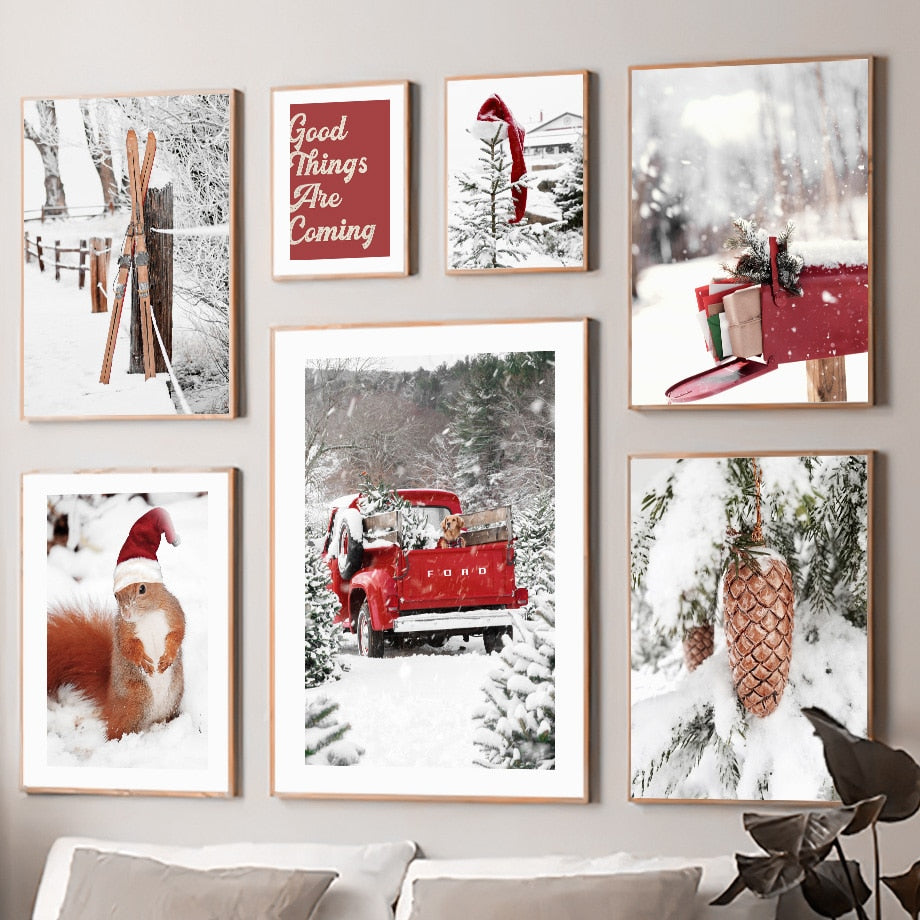 Christmas Winter Pine Squirrel Red Car Wall Art Canvas Painting Living Room Decoration Posters And Prints Home Wall Pictures