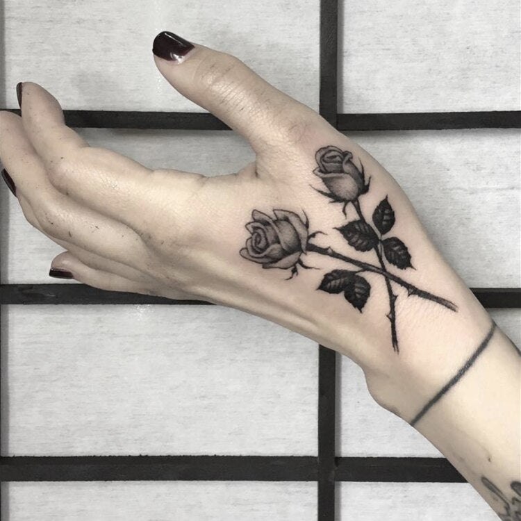 Waterproof Temporary Tattoo Sticker Red Line Rose English Alphabet Design Body Art Fake Tattoo Flash Tattoo Back of Hand Female