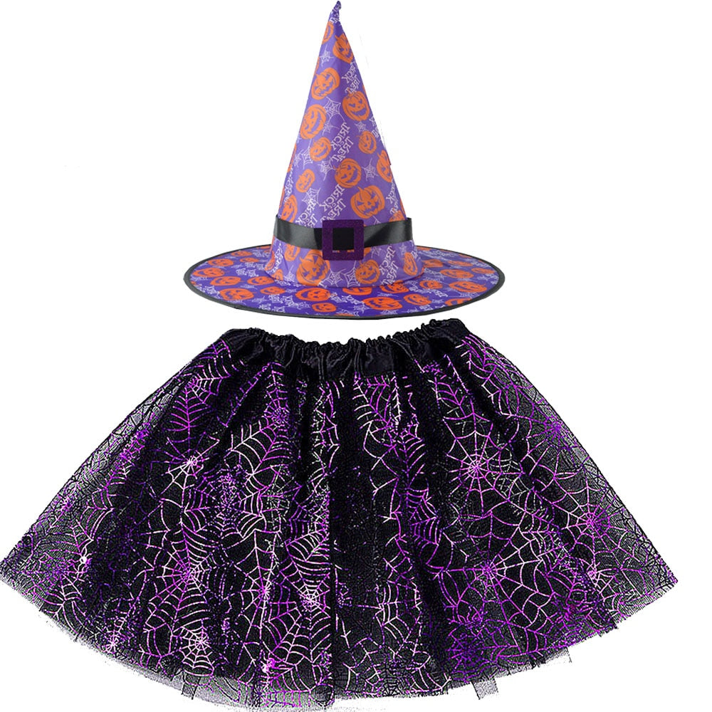 Halloween Costume for Kids Girls Spider Web Tutu Cobweb Skirt Witch Wizard Hat Tulle Carnival Birthday Party Outfits Festival