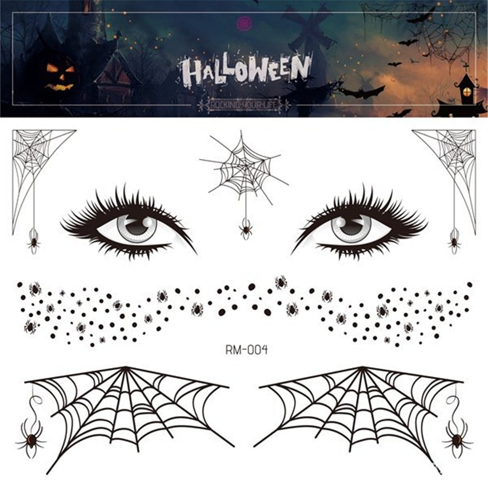 1set Halloween Tattoo Sticker for Face Fake Eyes Mouth Blood Scar 3D Spider Web Pattern Halloween Scary face sticker