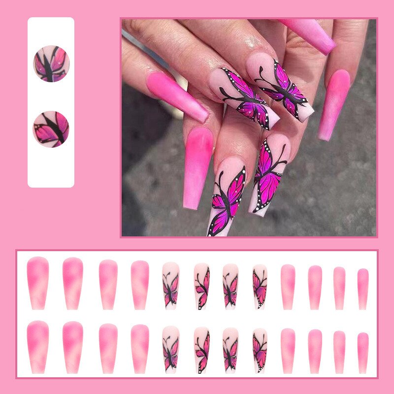 24Pcs Mid-length Fake Nails with Butterfly Design Almond Wavy Lines False Nails Wearable Press on Nails Full Cover Nail Tips