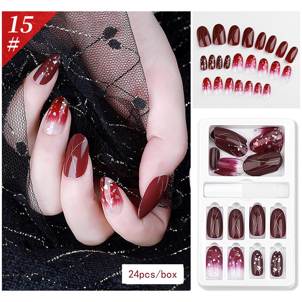 24 Pcs/Box False Nail Glitter Mirror Aurora Full Cover Nail Tips Coffin Fake Nails Gradient Nail DIY Decoration