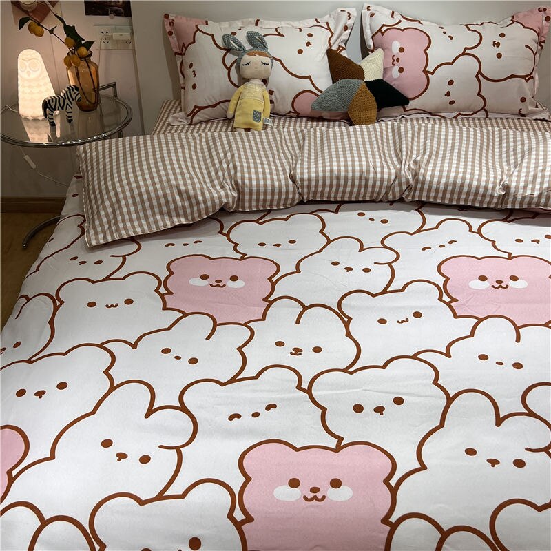 Cute Rubbit Bedding Sets Kawaii Girls Boys Polyester Bed Linen Duvet Cover Flat Sheet Pillowcase Twin Single Full Size Set