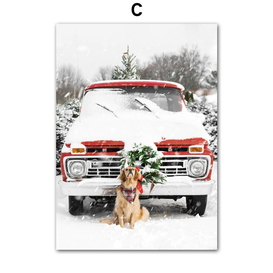Santa Claus Deer Red Vintage Car Christmas Living Room Decoration Posters And Prints Wall Art Canvas Painting Wall Pictures Home