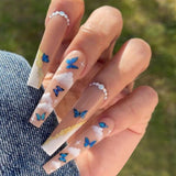 24Pcs Butterfly Print Fake Nails with Glue Long Coffin Nail Art Tips Artifical False Nails with Rhinestones Press on Nails